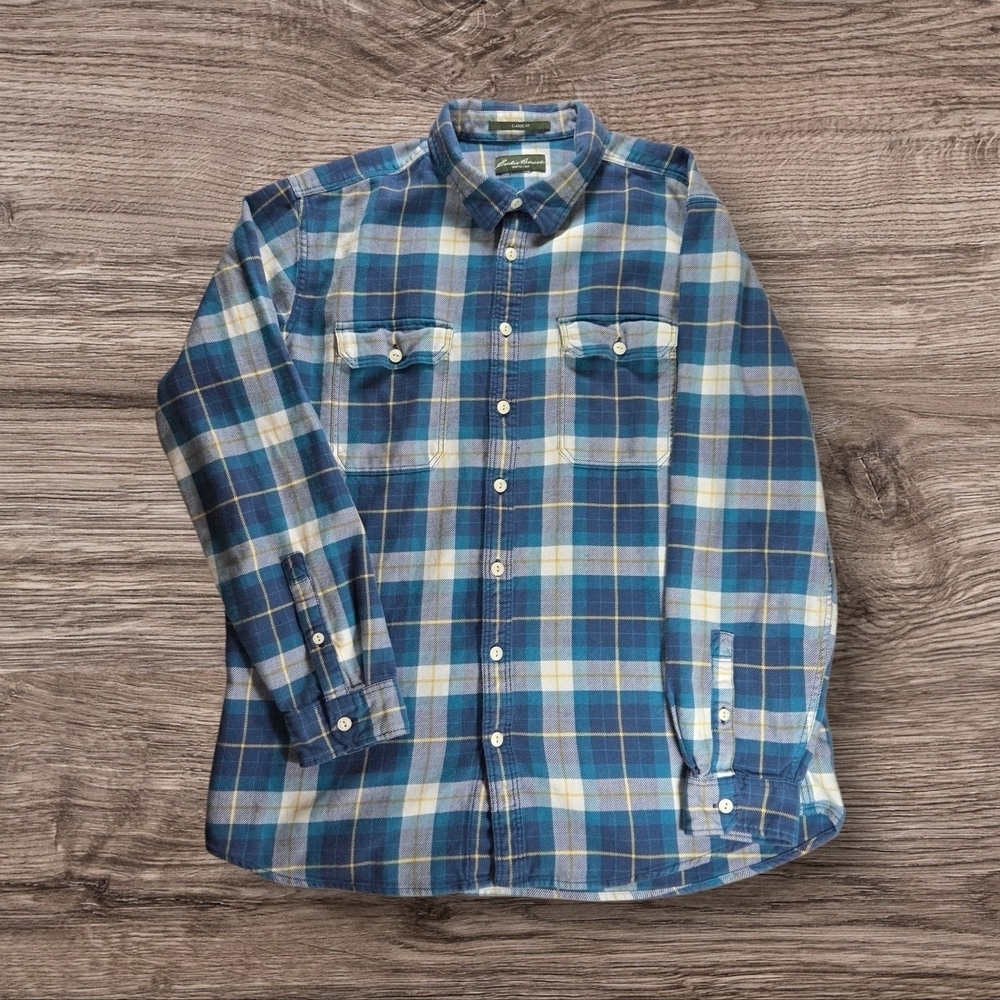 Eddie Bauer Flannel Blue and White Casual Button Down Shirt Size L